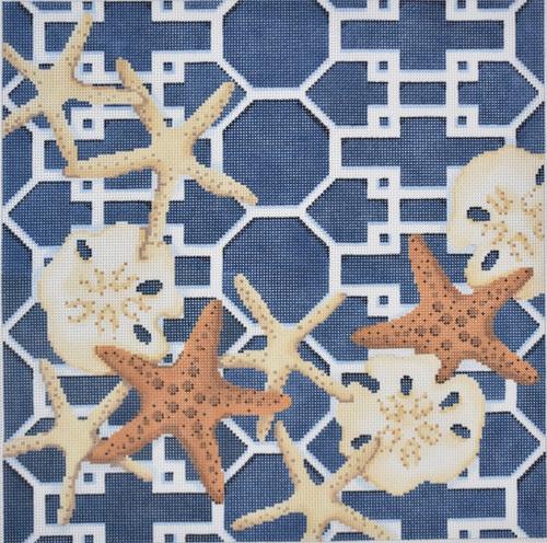 Starfish / Sand Dollars Lattice / Navy Painted Canvas Associated Talents 