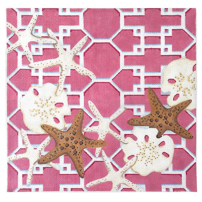 Starfish & Sand Dollars Lattice on Pink Painted Canvas Associated Talents 