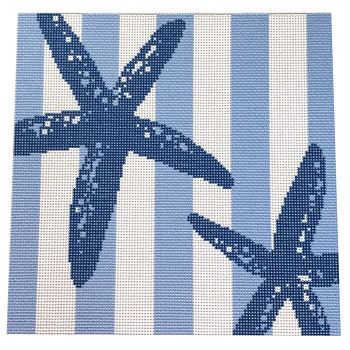 Starfish Stencil on Blue Square Printed Canvas Two Sisters Needlepoint 