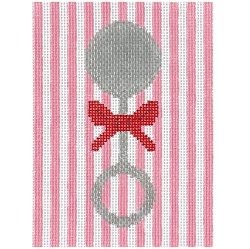 Sterling Silver Baby Rattle on Pink Painted Canvas SilverStitch Needlepoint  - 1