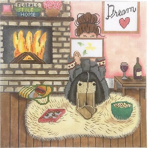 Stitching Girl by the Fire in Winter Painted Canvas Alice Peterson Company  - 1
