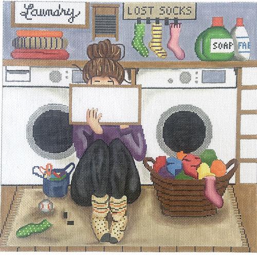 Stitching Girl in the Laundry Room Painted Canvas Alice Peterson Company 