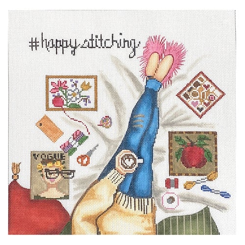 Stitching Girl   Jeans & Fuzzy Slippers Painted Canvas Gayla Elliott 
