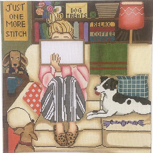 Stitching Girl on Couch with Dogs Painted Canvas Alice Peterson Company 
