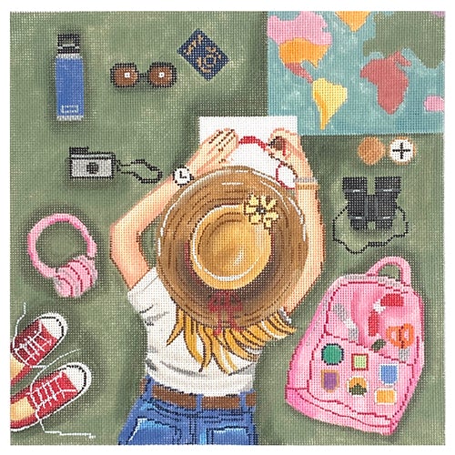 Stitching Girl   World Traveler Painted Canvas Gayla Elliott  - 1
