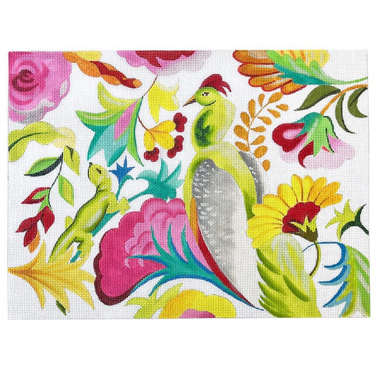 Stylized Lizard, Parrot, and Floral Design Painted Canvas Colors of Praise 