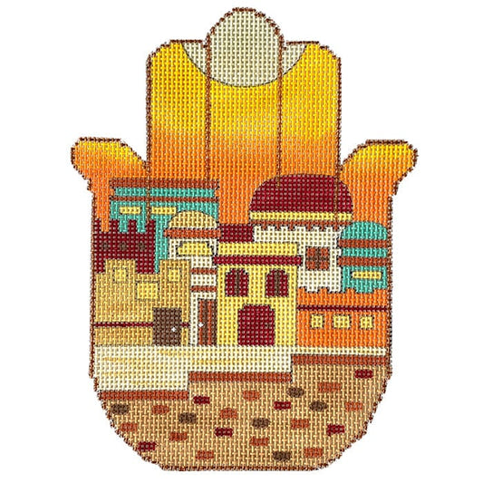 Sunset Over City Hamsa Painted Canvas Alice Peterson Company 