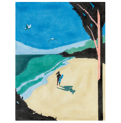 Surfer Girl on the Beach Painted Canvas Anne Fisher Needlepoint LLC 