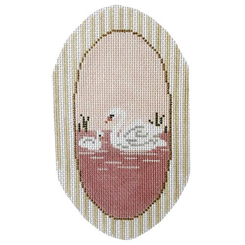 Swans Oval Ornament Painted Canvas The Plum Stitchery  - 1
