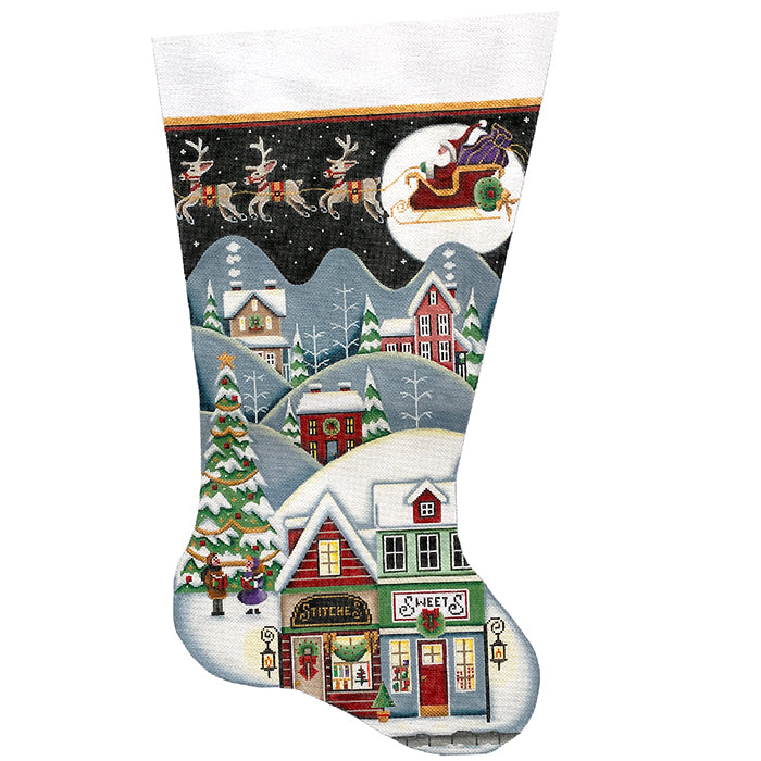 Sweet Shop Village Stocking on 18 TTR Painted Canvas Rebecca Wood Designs 
