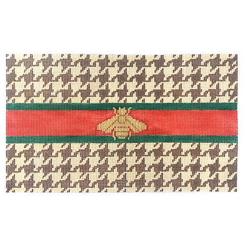 Tan & Brown Houndstooth Bee Clutch with Red & Green Stripe Painted Canvas Kate Dickerson Needlepoint Collections 