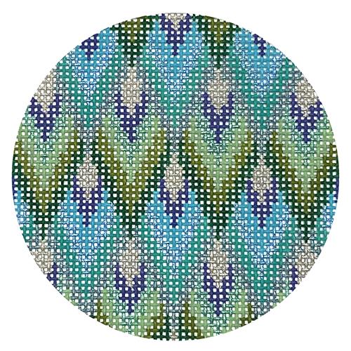 Teal Bargello Geometric Round #23 Painted Canvas Danji Designs 