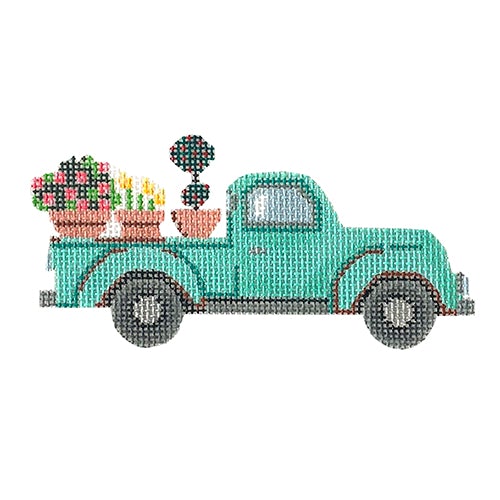 Teal Truck with Plants Painted Canvas All About Stitching/The Collection Design 