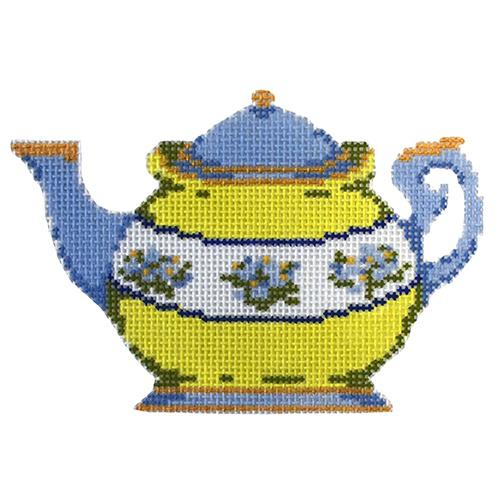 Teapot   Blue & Green Painted Canvas The Plum Stitchery  - 1
