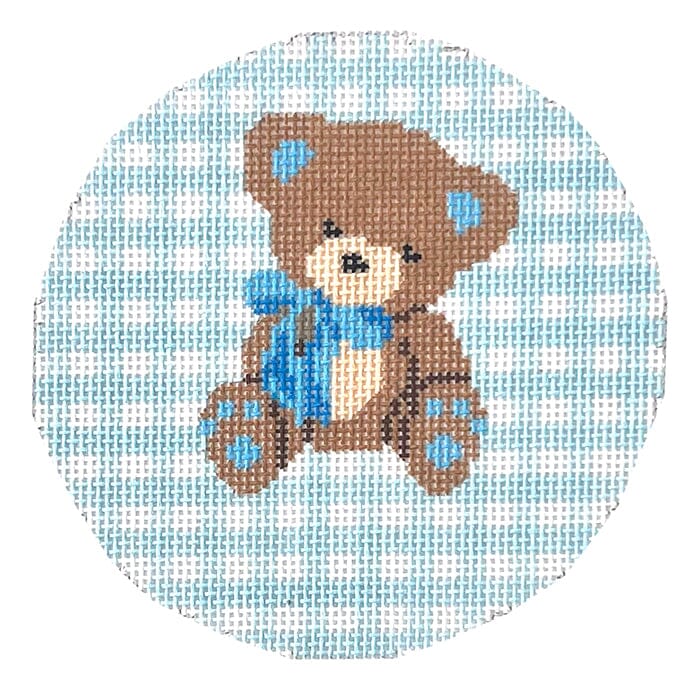 Teddy Bear on Gingham Round - Blue Painted Canvas KCN Designers 