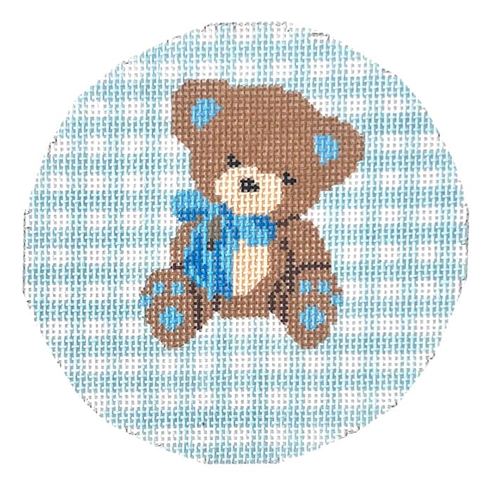 Teddy Bear on Gingham Round   Blue Painted Canvas KCN Designers  - 1