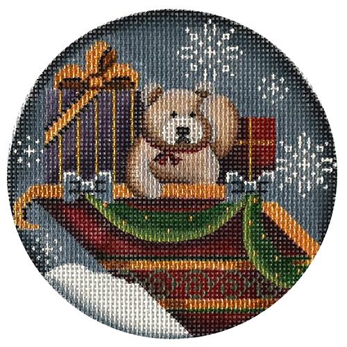 Teddy in the Sleigh Painted Canvas Rebecca Wood Designs 