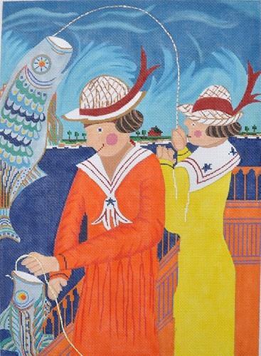 The Girls Fishing Painted Canvas CBK Needlepoint Collections  - 1