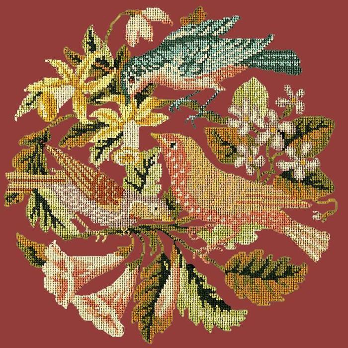 The Three Birds Needlepoint Kit Kits Elizabeth Bradley Design Dark Red 
