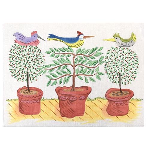 Three Birds in Topiaries Painted Canvas Kate Dickerson Needlepoint Collections 