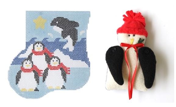 Three Penguins Mini Sock with Penguin Insert Painted Canvas Kathy Schenkel Designs  - 1