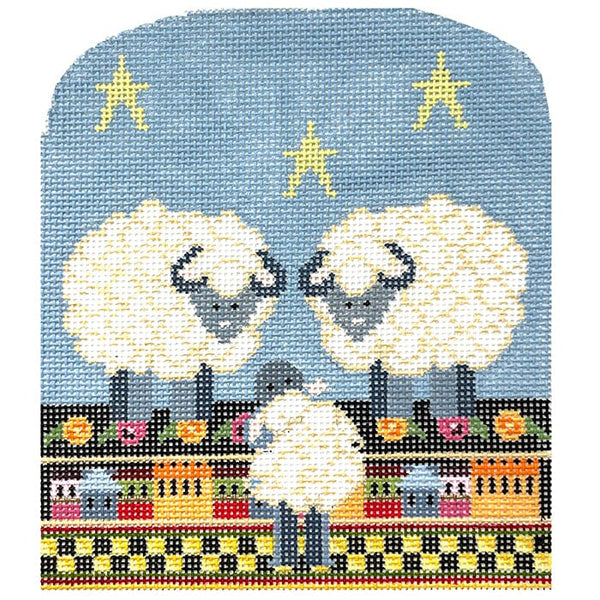 Wee Three Sheep needlepoint kit is on 10 mesh canvas and measures