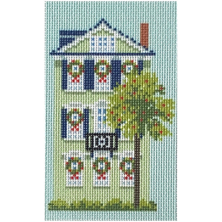 Three Sisters Green Christmas House Printed Canvas Needlepoint To Go 