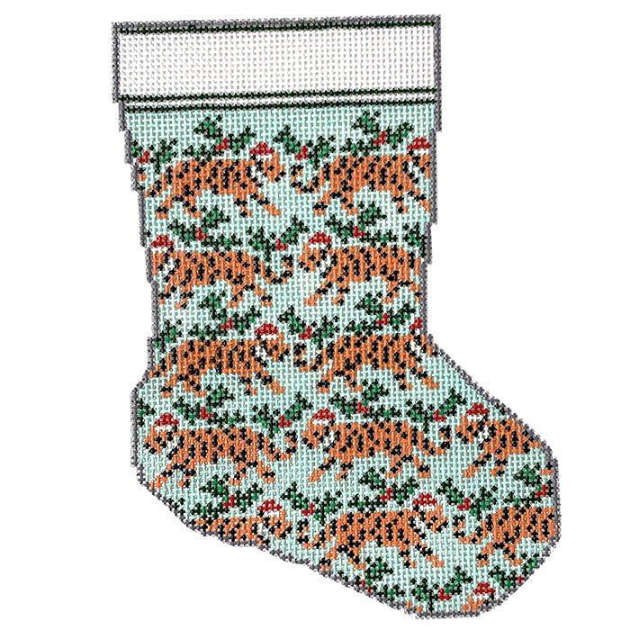 Tigers and Holly Mini Stocking Painted Canvas KCN Designers  - 1