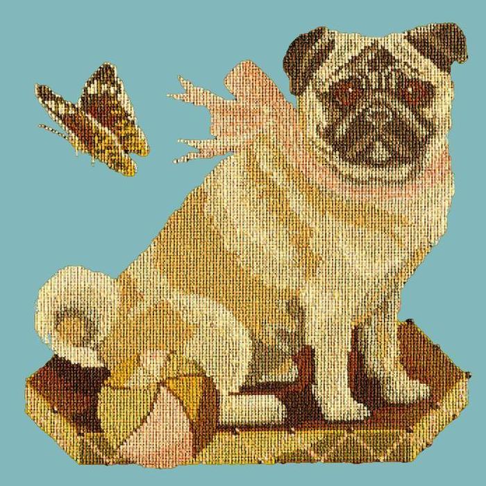 Toby the Pug Needlepoint Kit Kits Elizabeth Bradley Design Duck Egg Blue 
