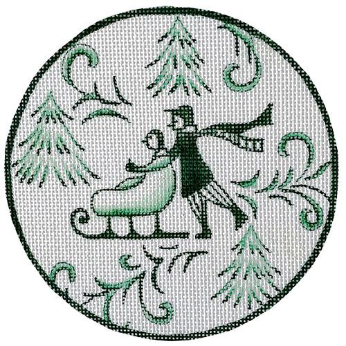 Toile Couple on Sled Round   Green Painted Canvas Love You More  - 1