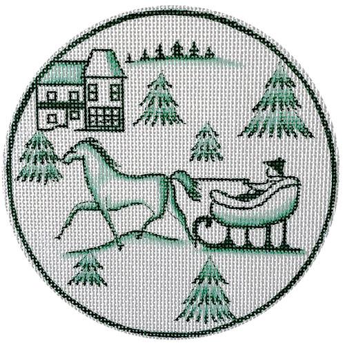 Toile Horse and Sled Round - Green Painted Canvas Love You More 