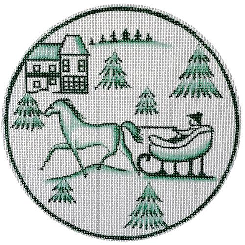 Toile Horse and Sled Round   Green Painted Canvas Love You More  - 1