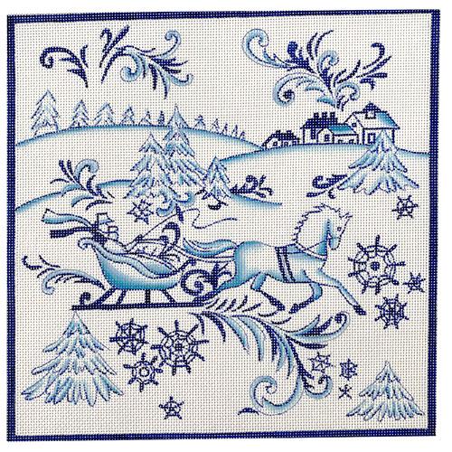 Toile Sleigh Horse Scene - Blue Painted Canvas Love You More 