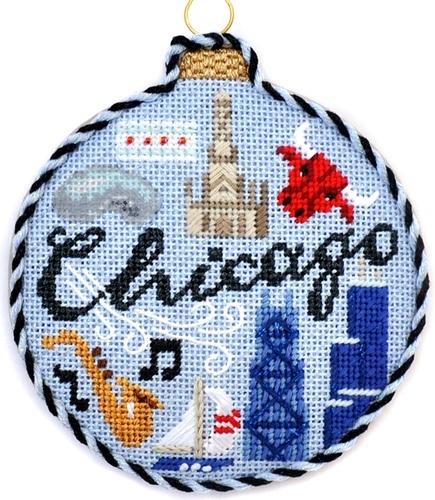 Travel Round - Chicago with Stitch Guide Painted Canvas Needlepoint.Com 