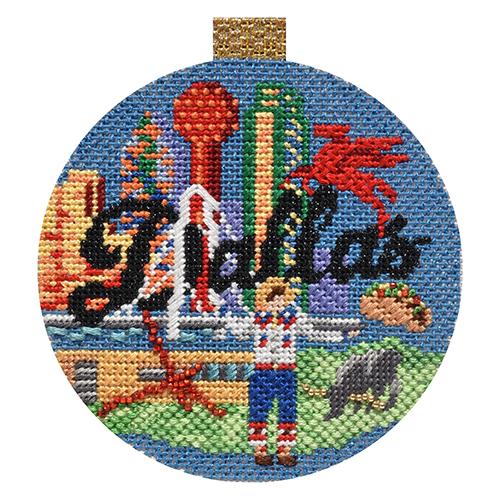 Travel Round - Dallas with Stitch Guide Painted Canvas Needlepoint.Com 