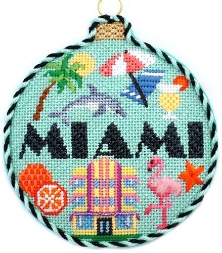 Travel Round - Miami with Stitch Guide Painted Canvas Needlepoint.Com 
