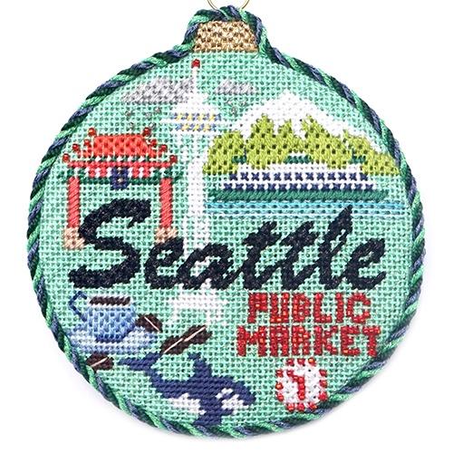 Travel Round - Seattle with Stitch Guide Painted Canvas Needlepoint.Com 