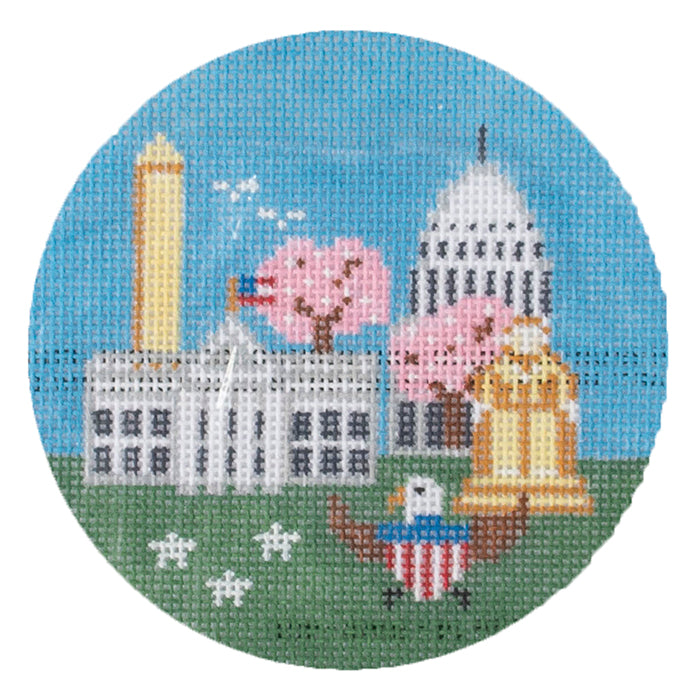 Travel Round: Washington DC Cityscape with Free Stitch Guide Painted Canvas Painted Pony Designs 
