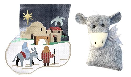 Traveling to Bethlehem Mini-Sock with Donkey Insert Painted Canvas Kathy Schenkel Designs 