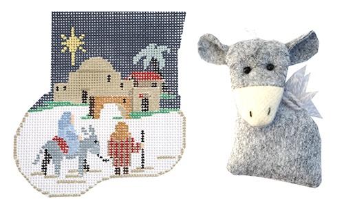 Traveling to Bethlehem Mini Sock with Donkey Insert Painted Canvas Kathy Schenkel Designs  - 1