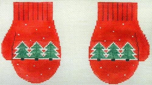 Trees Mittens / Red Painted Canvas Kathy Schenkel Designs  - 1