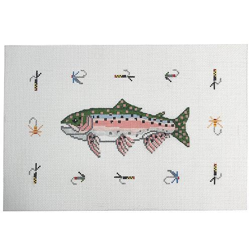 Trout & Lures Pillow Painted Canvas Silver Needle  - 1