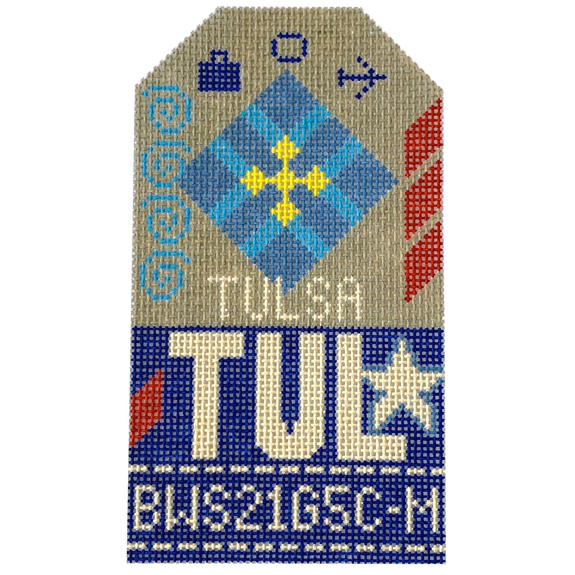 Tulsa TUL Retro Travel Tag Painted Canvas Hedgehog Needlepoint  - 1