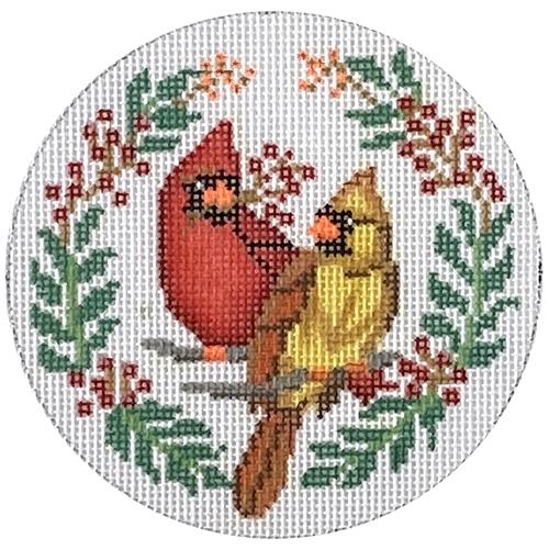 Two Cardinals in Laurel Round Painted Canvas Alice Peterson Company 