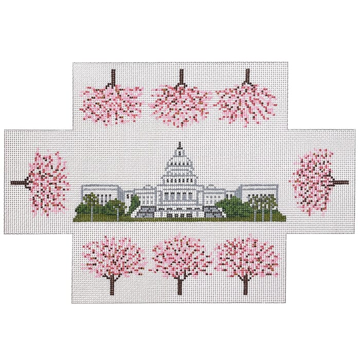 US Capitol Cherry Blossoms Brick Painted Canvas Susan Battle Needlepoint  - 1