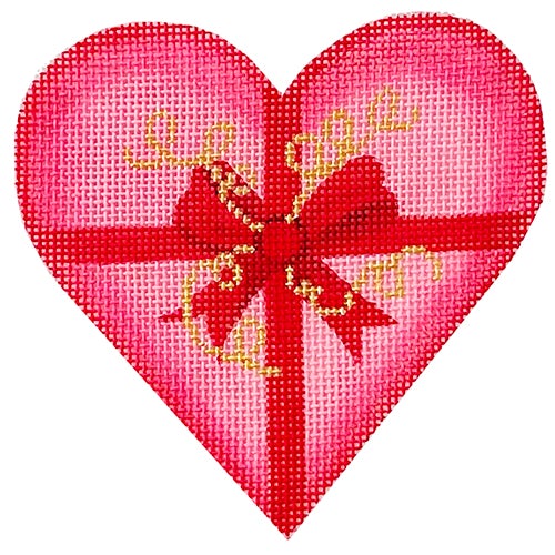 Valentine Mini Heart - Gift Heart with Ribbons Painted Canvas Kate Dickerson Needlepoint Collections 