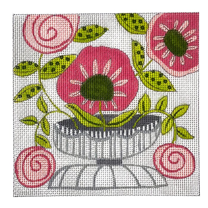 Vase with Pink Flowers Painted Canvas ditto! Needle Point Works  - 1