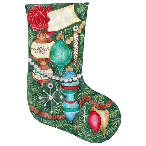Vintage Ornaments on Green Stocking Painted Canvas Chris Lewis Distributing 