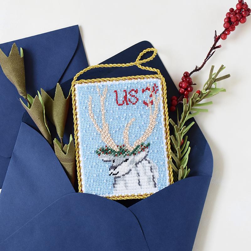 Vintage Stamp Collection   Deer with Wreath Kit & Online Class Online Classes The Plum Stitchery 
