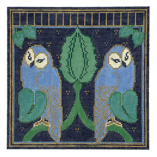 Voysey's Blue Owls Eyeglass Case Painted Canvas Whimsy & Grace - 1